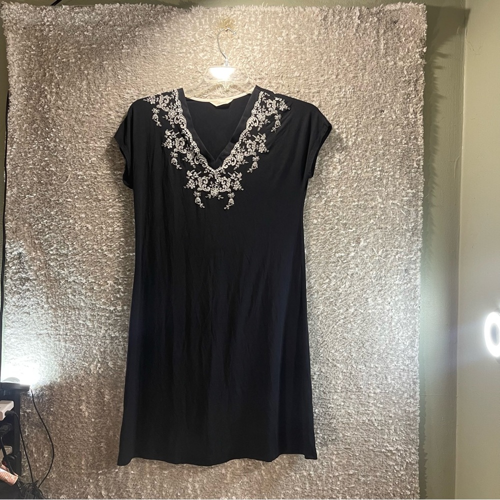 Soma T-shirt Dress Black Floral Short Sleeve V-Neck Stretch Soft M, READ